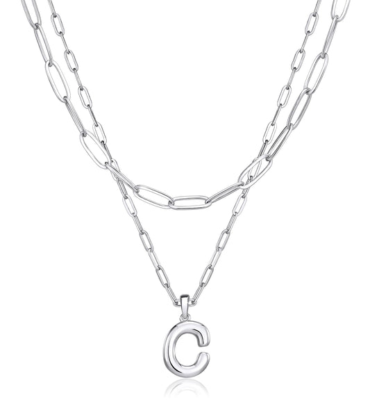 adoyi Silver Initial Necklace for Women 14k Gold Plated Layered Bubble Letter Necklaces Trendy Jewelry Chain Name C Pendant Necklace Stack Birthday Valentines Gifts