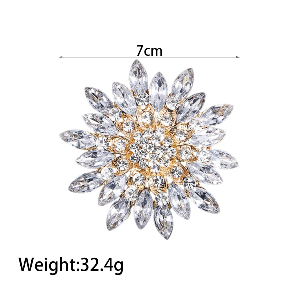 Rhinestone Large Flower Brooches Pins for Women Fashion Sparkly Crystal Sunflower Statement Brooch Wedding Party Suit Dress Formal Jewelry Accessories(White)
