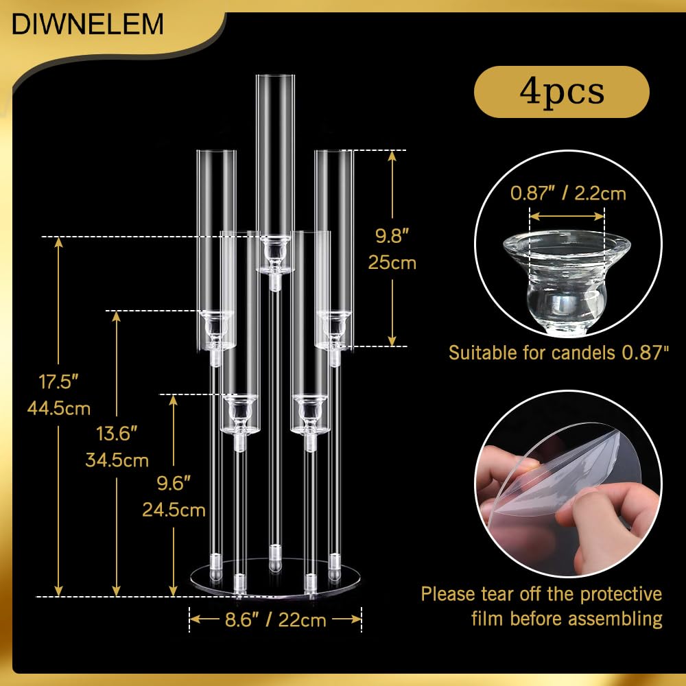 DIWNELEM 4Pcs Acrylic Candelabra Centerpieces for Wedding 5 Arm Clear Candle Candlesticks Holders 25.5" Tall Crystal Taper Candlestick with Shade Fit 0.87'' Led Candle for Christmas Party Home Decor"