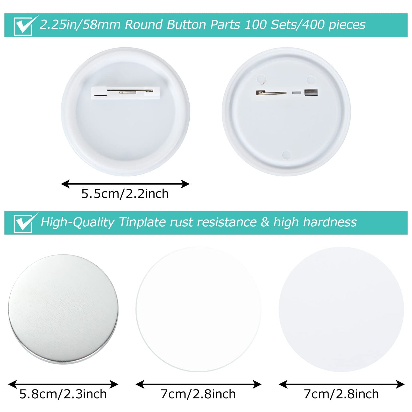 YAYODS 400 Pieces Button Maker Supplies 58mm/2.25 inch Round Badge Button Parts for Button Maker Machine, Includes Blank Pin Back Cover, Metal Cover, Clear Film, Blank Paper