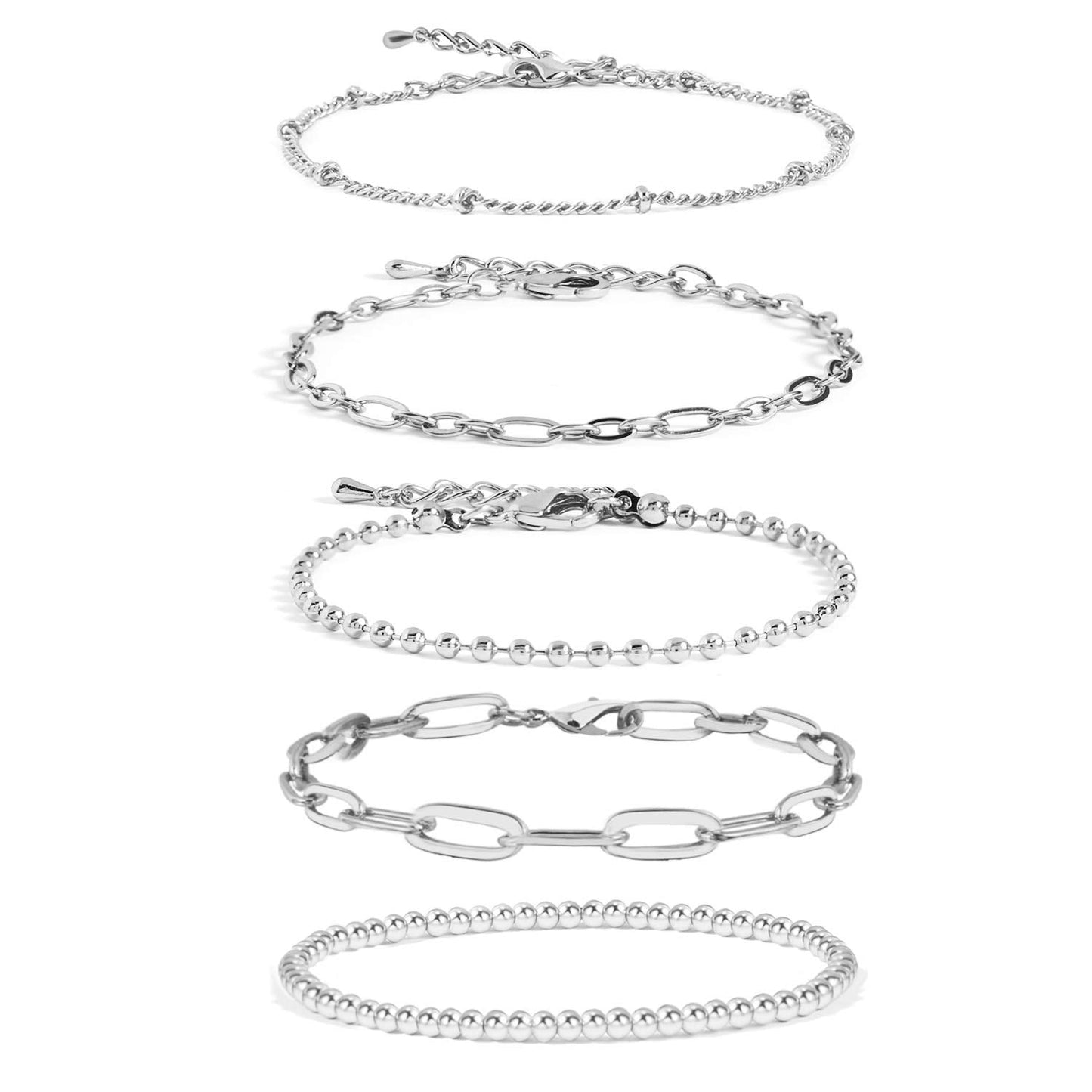CONRAN KREMIX Silver Chain Bracelet for Women,Stake Layered Dainty Link Paperclip Bracelets Set,Trendy Silver Jewelry For Women
