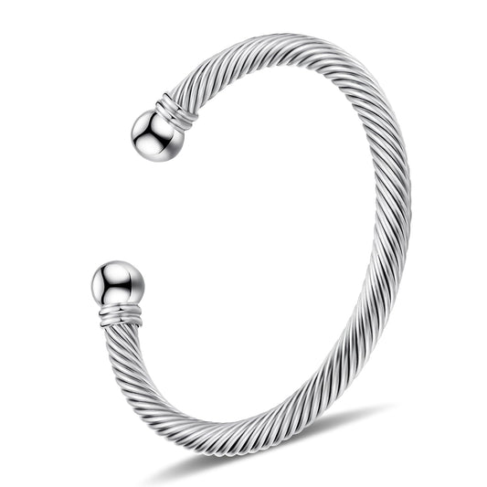 Adjustable C-Shape Open Cuff Bangle, Twisted Cable Bracelet for Men & Women, Chic Stainless Steel Unisex Jewelry Gift for Him Her, Unique Anniversary Present (Silver)