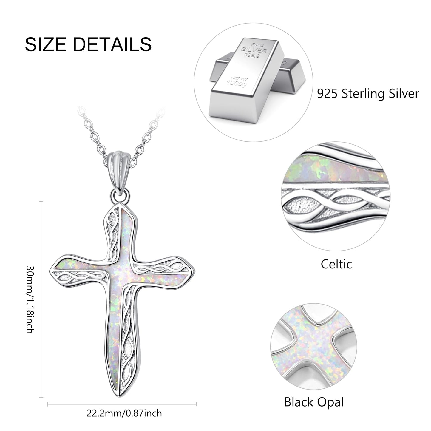 Dreamboat Sterling Silver Cross Necklace for Womens Cross Pendant Faith Christian Jewelry White Opal Celtic Necklace Confirmation Religious Gifts for Mom