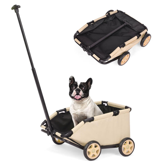 AESRAOU Mini Dog Strollers for Mini Pets, Foldable Multifunctional Shopping Carts with Extendable Pull Handle, Doggie Wagon Built-in Cushion and Safety Rope with Storage Bag (Khaki)