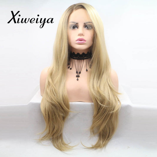 xiweiya Light Blonde Lace Front Wig with Brown Roots Long Body Wave Blonde Mixed color Side Part Glueless Natural Looking Lace Front Wigs Heat Resistant Hair for Women 24inch