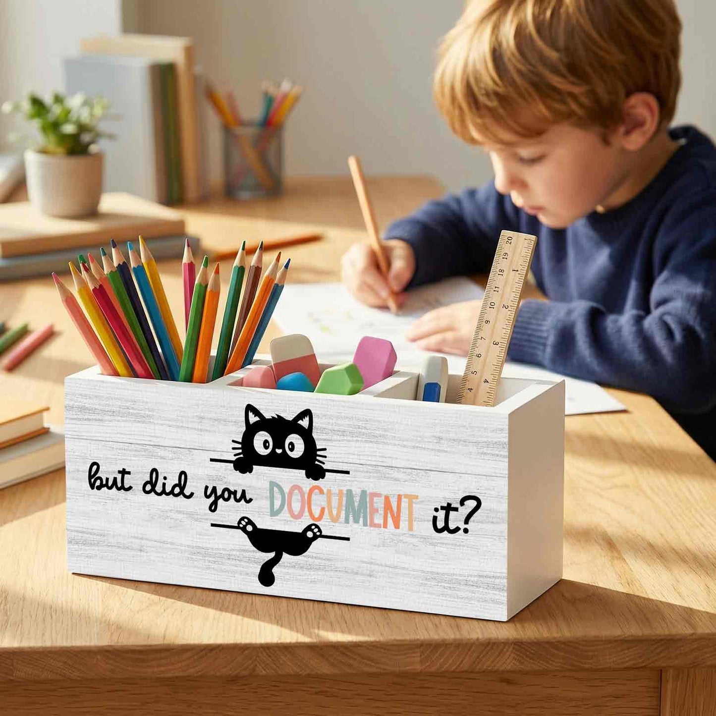 XINCEYWJ Funny Black Cat Pencil Pen Holder for Desk Organizer, Black Cat Gifts, HR Human Resource Gifts, But Did You Document It Wooden Box Decorations for Office Workplace Desk Tabletop Decor