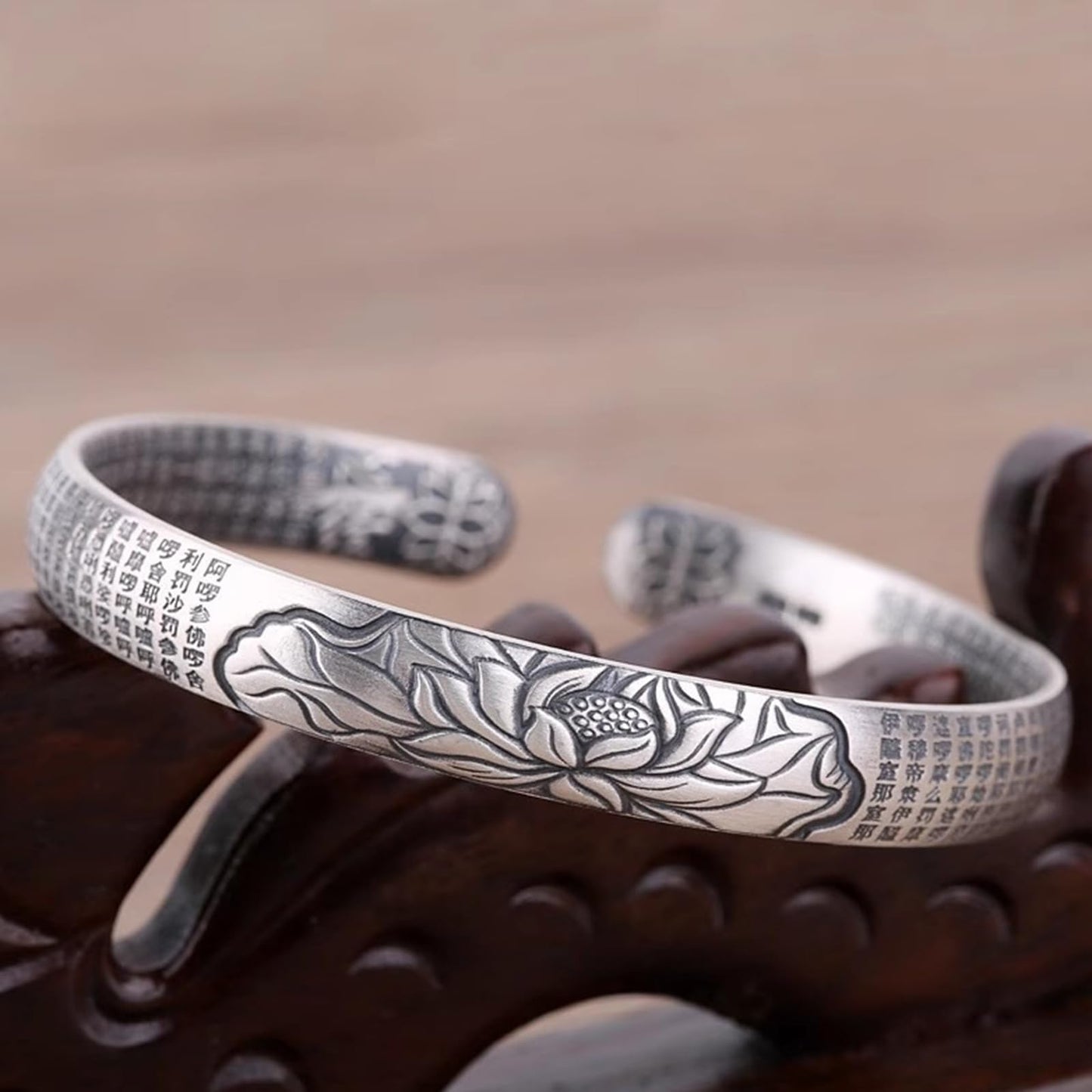 Feng Shui Lotus Heart Sutra Bracelet - Adjustable Vintage Silver Bracelet for Women Men, Tibetan Buddhist Mantra Lucky Amulet, Wealth Luck Protection Meditation Gifts (C)