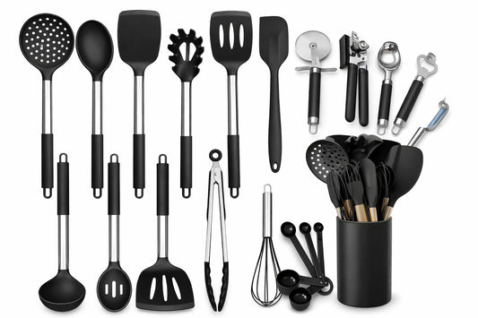 17-Piece Kitchen Utensils Set, Silicone Cooking Tools with Stainless Steel Handles, Heat Resistant Non-Stick Kitchen Set with Measuring Cups & Gadgets | SV Deals