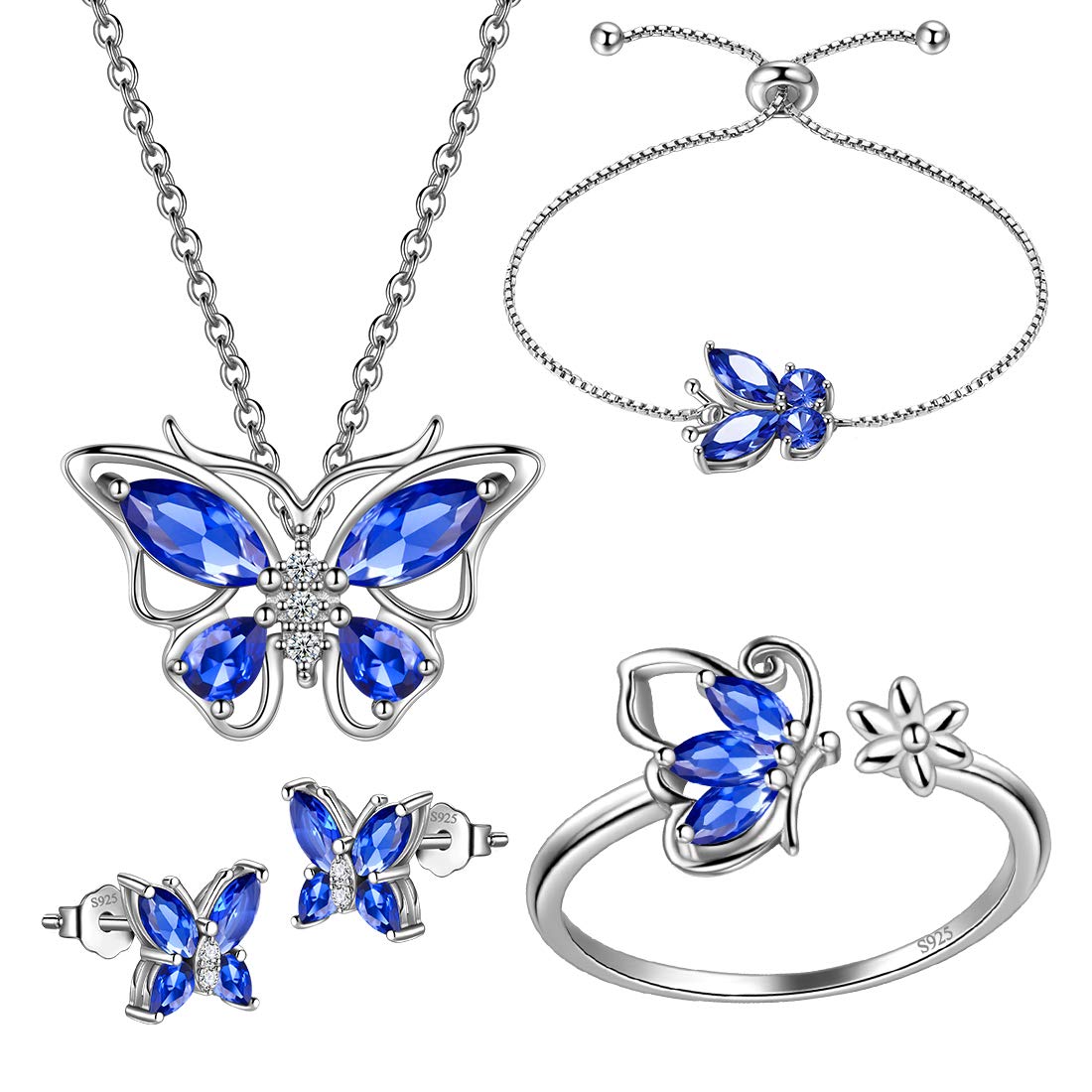 Hipunk Butterfly Blue Jewelry Sets Birthstone Women 925 Sterling Silver September-Sapphire Birth Stone Animal Butterflies Jewelry Sets/Earring/Ring/Bracelet Set Crystal Birthday Jewelry SS0003S