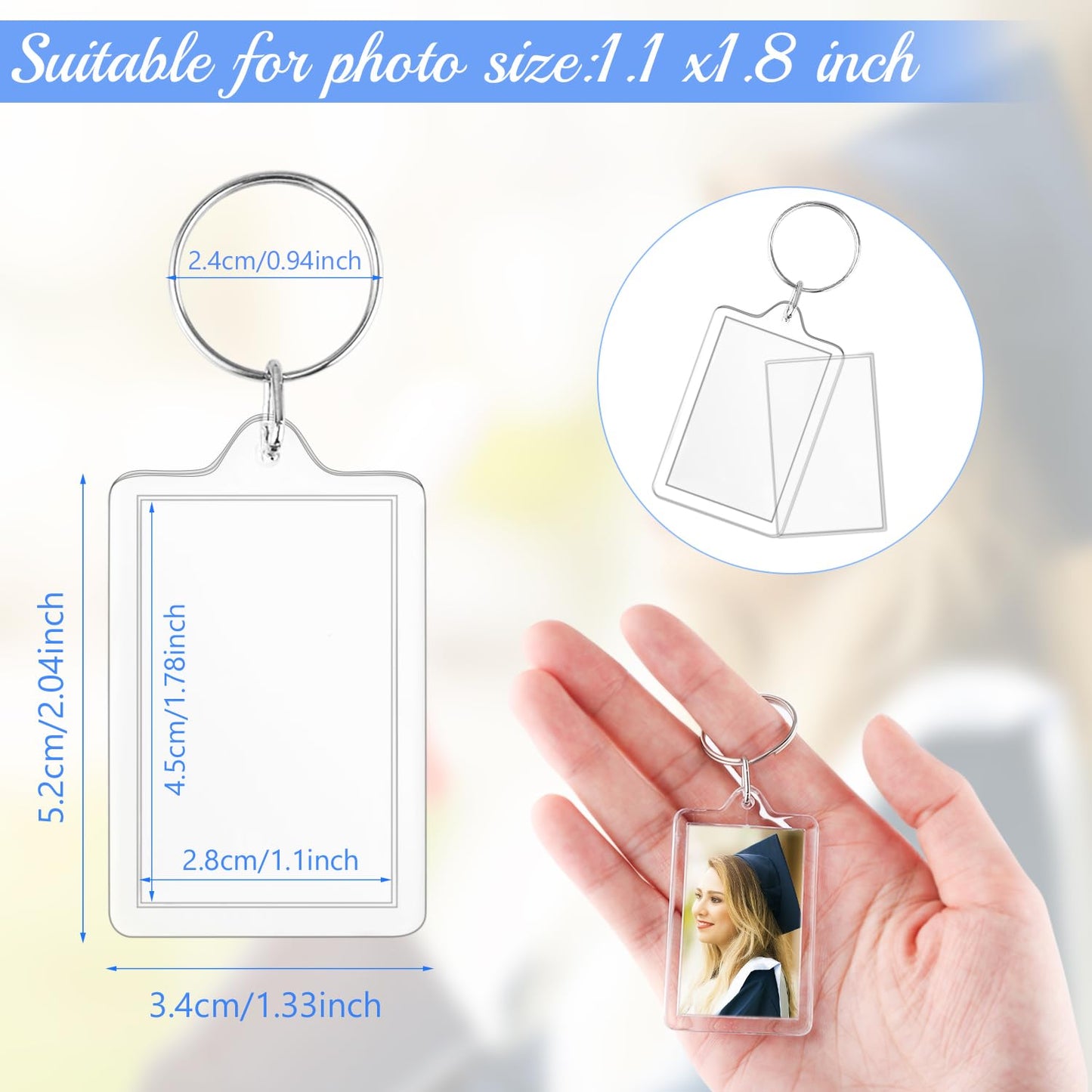 150 PCS Blank Photo Insert Keychains,Translucent Acrylic with Split Key Rings for Double-Sided Photos,Small Pendant Picture Frames for Family, Friends,DIY Gifts & Craft(Fit 1.1 × 1.8inch Pic）