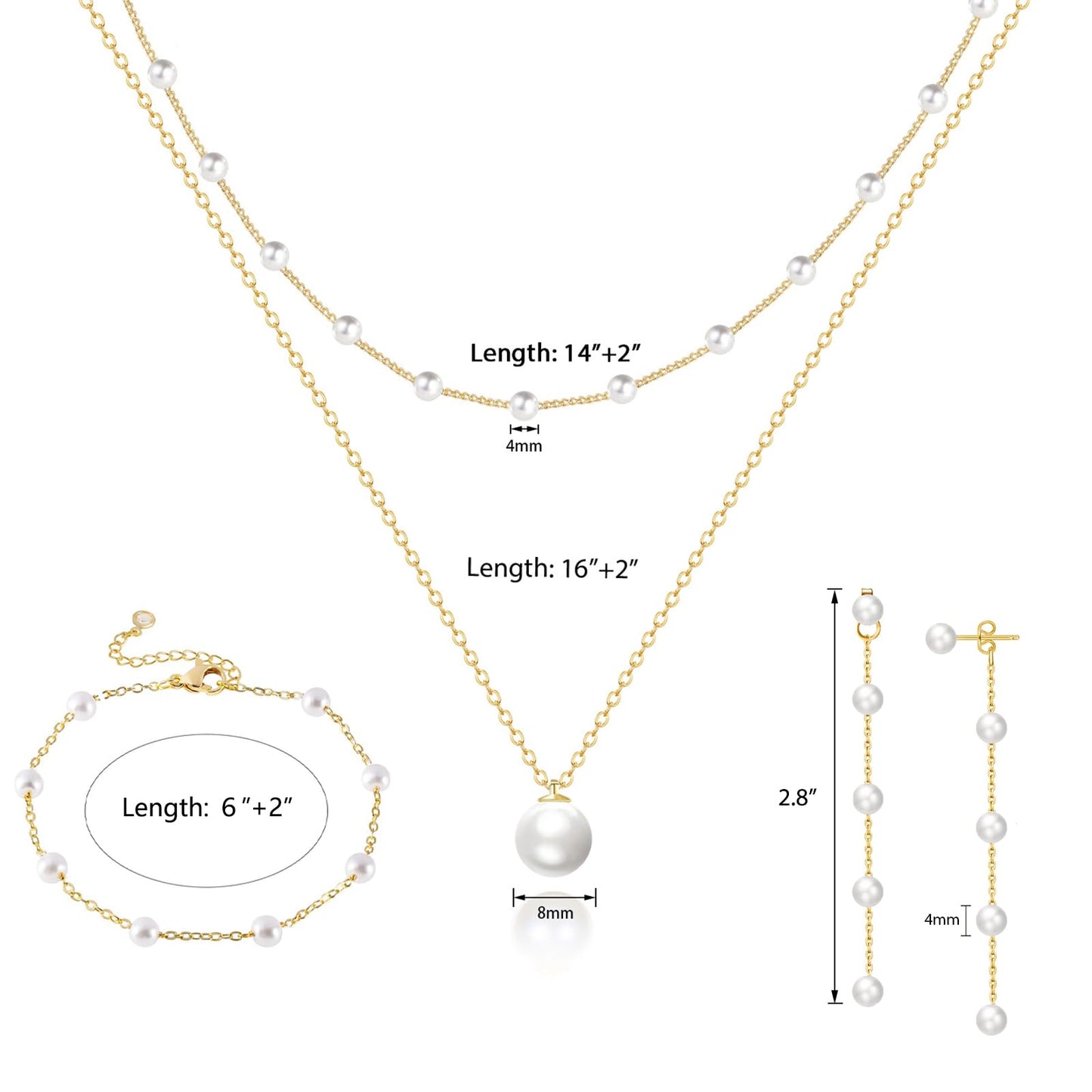 Zeffy Gold Jewelry Set for Women Dainty 14K Gold Plated Pearl Necklace and Earring Set Pearl Drop Earrings Pearls Bracelets Wedding Pearls Jewelry for Brides 4pcs
