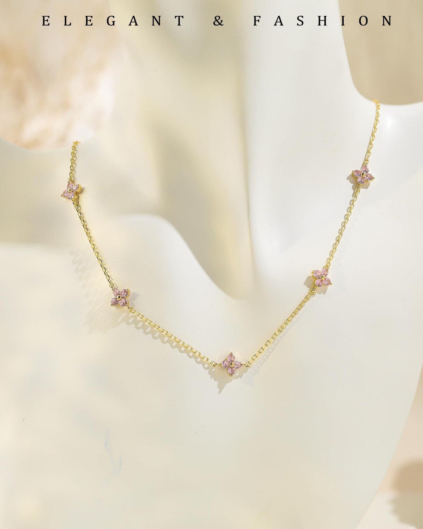 ZHESHY Birthstone Gold Necklace for Women Dainty Non Tarnish 14K Gold Plated Clover Necklaces Pink CZ Station Choker Necklace Birthday Gifts Womens Gold Jewelry
