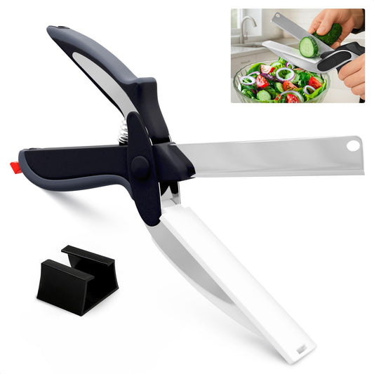 2 in 1 Kitchen Scissors for Food – Stainless Steel 9.5" Tomato Knife Chops Vegetables, Fruit, Cheese, Meat in Seconds | Dishwasher Safe Cutting Board Scissors with Safety Lock – Mess-Free Prep
