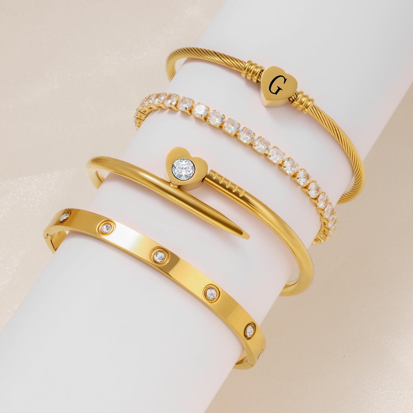 MEIERYA18K Gold Plated Nail love Bangle Bracelet Set for Women,Cubic Zirconia,Adjustable tennis bracelet Trendy Gift Jewelry for Mother's Day Anniversary (06-Style-G)