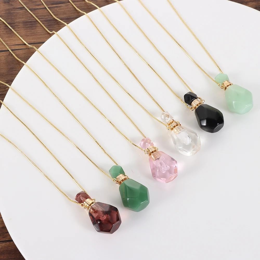 925 Sterling Silver Essential Oil Necklace For Women And Men, 14K Gold Filled Natural Stone Round Perfume Bottle Necklace, Essentials Oil Diffuser Vial Necklace (1 - Essential Oil Necklace)