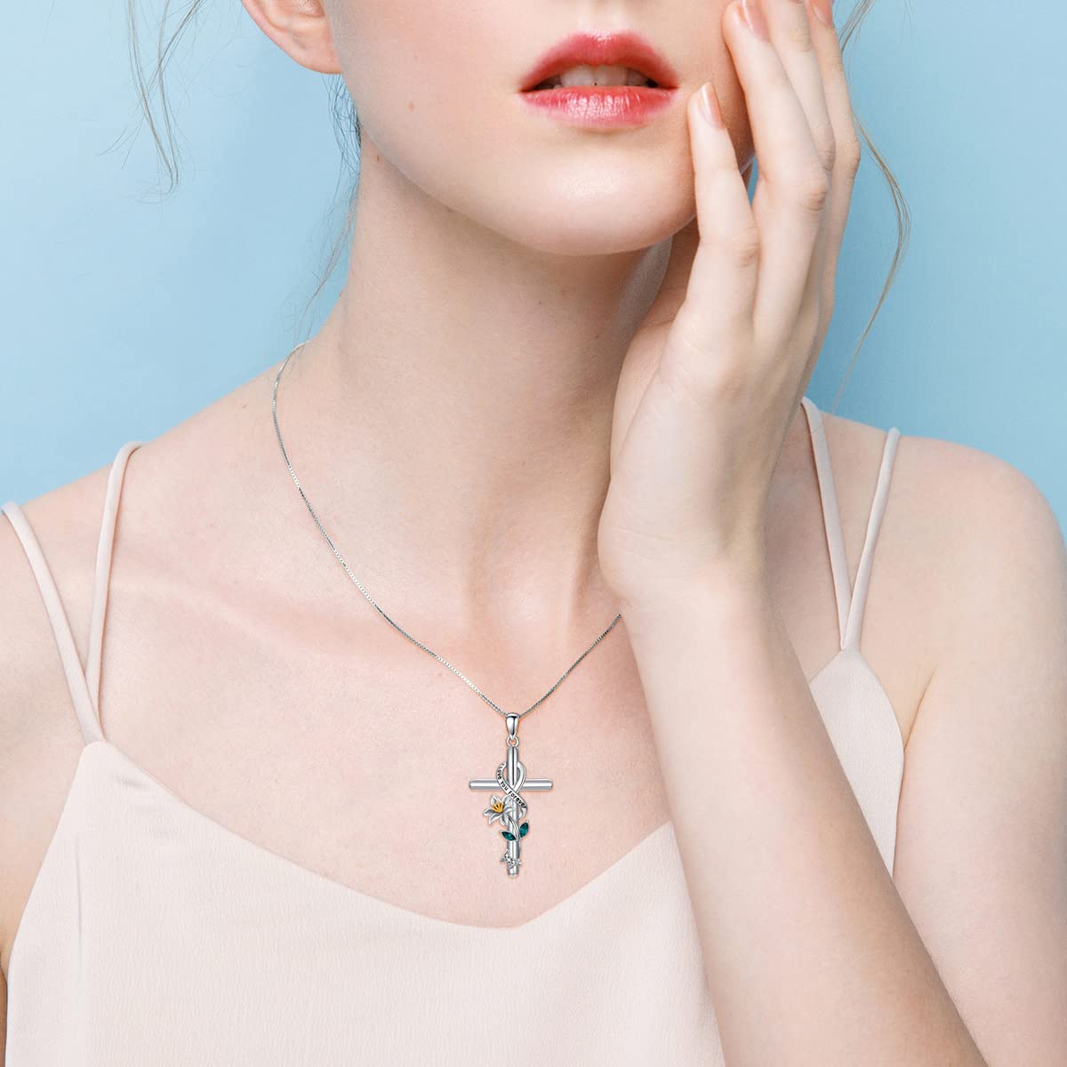 Flpruy Lily Necklace 925 Sterling Silver May Birth Flower Pendant Necklace Birth Month Flower Pendant Cross Necklace Birthday Jewelry Gifts for Women Her Mom