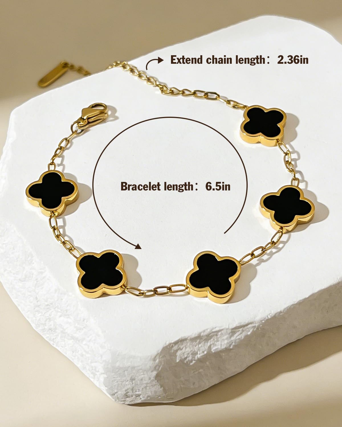 Aimétte Monette 18K Gold Plated Jewelry Set, Clover Bracelets and Stud Earrings Set Women's Hypoallergenic Black Gold Lucky Clover Bracelet Fashion Gifts for Women Trendy