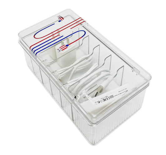 AgentMoon Clear Acrylic Cable Organizer Box with Lid, 6 Storage Slots,Color Lable Desktop Accessories Storage Box with 60 inches Cuttable Magic Lashing Straps (1PCS)