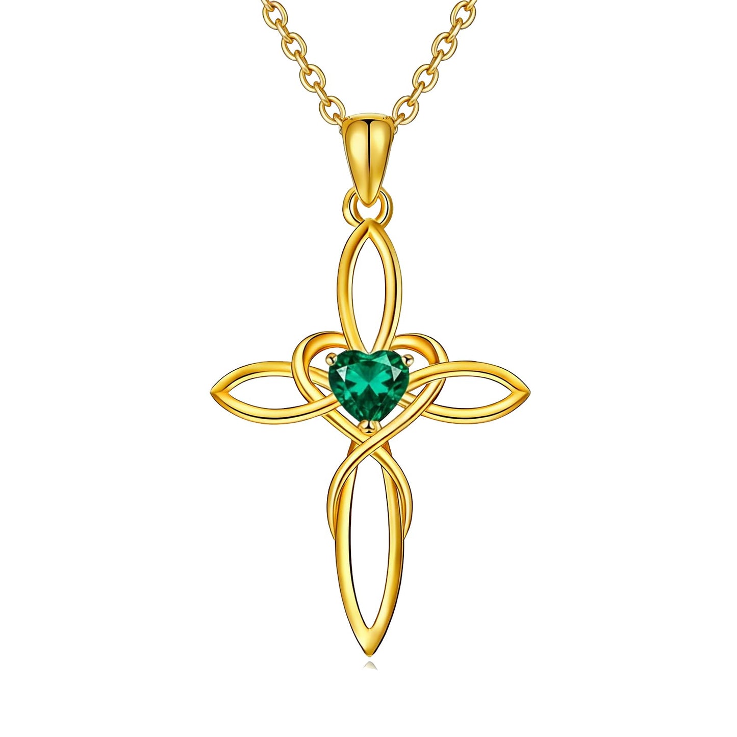 POIUY 14K Gold Celtic Knot Cross Birthstone Necklace for Women Irish Infinity Heart Pendant Cross Jewelry Anniversary Valentines Birthday Mothers Day Gifts for Mom Wife Her
