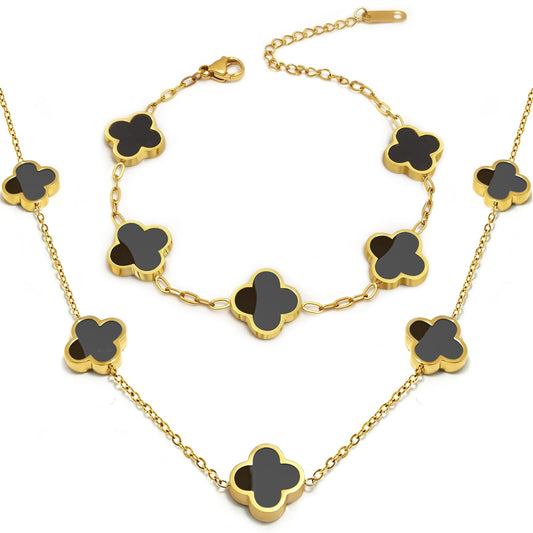 Aimétte Monette 18K Gold Plated Jewelry Set, Clover Necklace and Clover Bracelets Set, Women's Hypoallergenic Black Gold Lucky Clover Bracelet and Necklace Fashion Gifts for Women Trendy