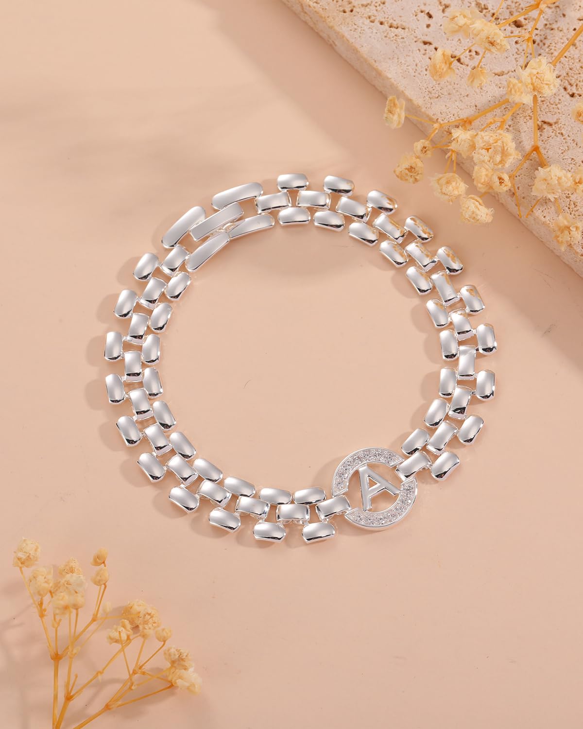 WEDDINEN Initial Bracelet,Silver Letter Bracelets for Women, Thick Bangle Wrist Gold Alphabet Bracelets for Women, Christmas Gifts for Women Jewelry Initial B Charm Chain