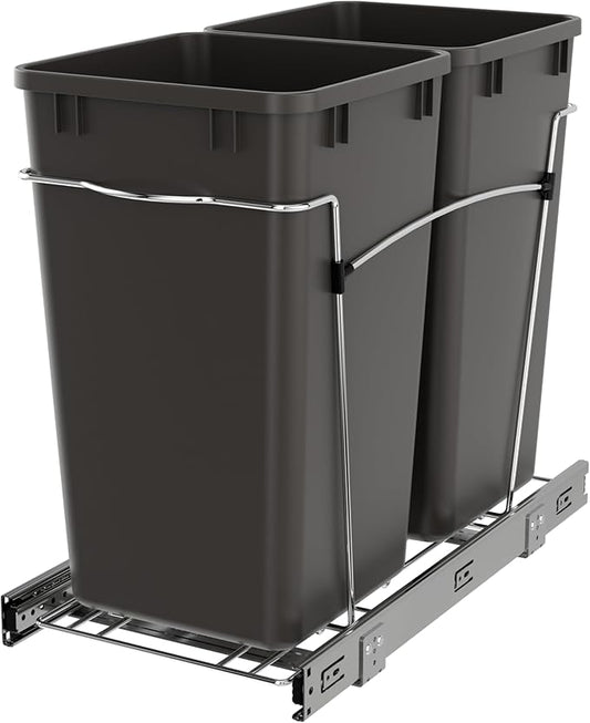 Rev-A-Shelf Pullout Trash Can for Kitchen Cabinets 27 Qt Garbage Waste Recycling Bin with Full Extension Slides, Orion Gray, RV-15KD-13C-S