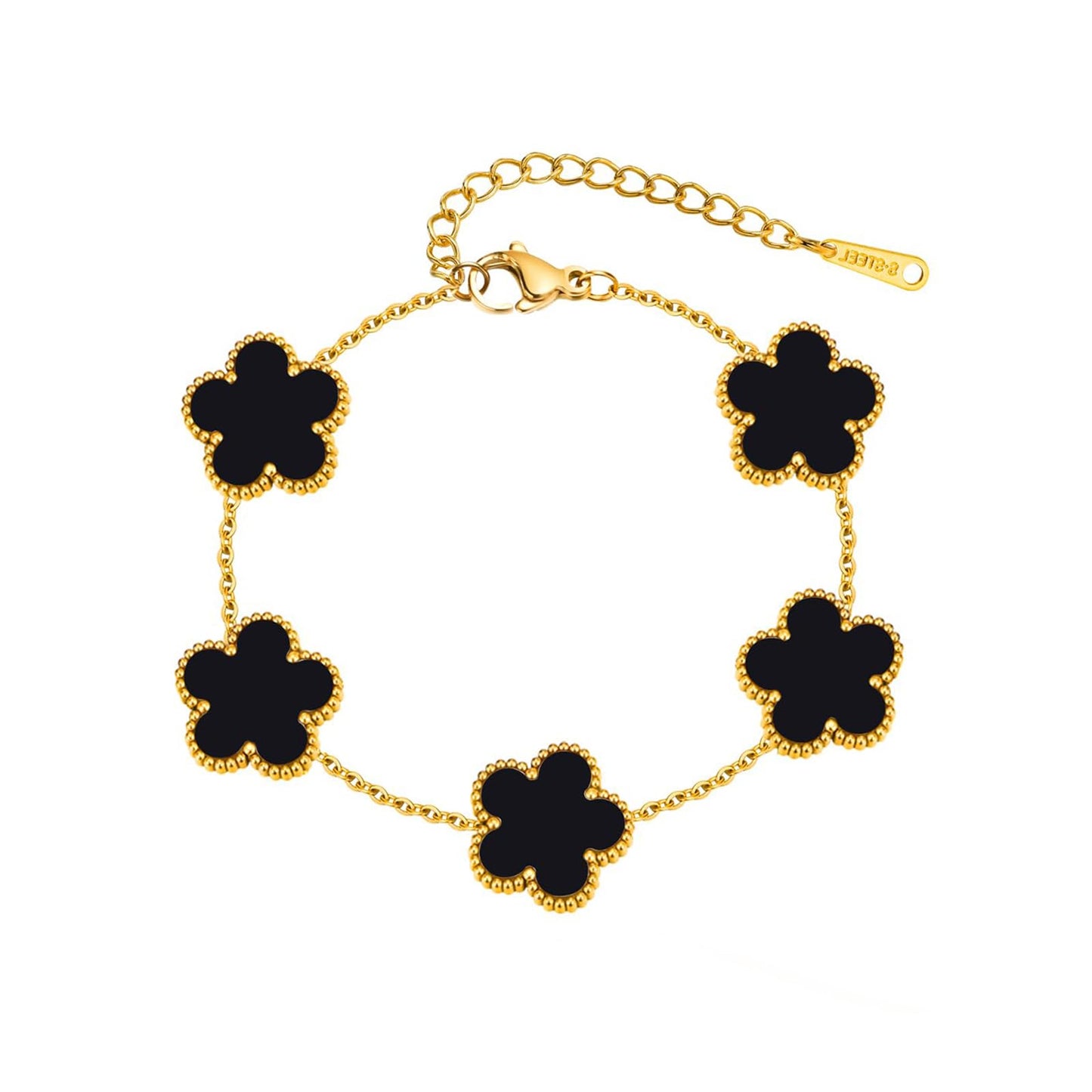 Eclatienne Four Leaf Clover Bracelet for Women – 18K Gold Plated Stainless Steel Lucky Bracelet, Adjustable 4 Leaf Charm Jewelry Gift (Black)