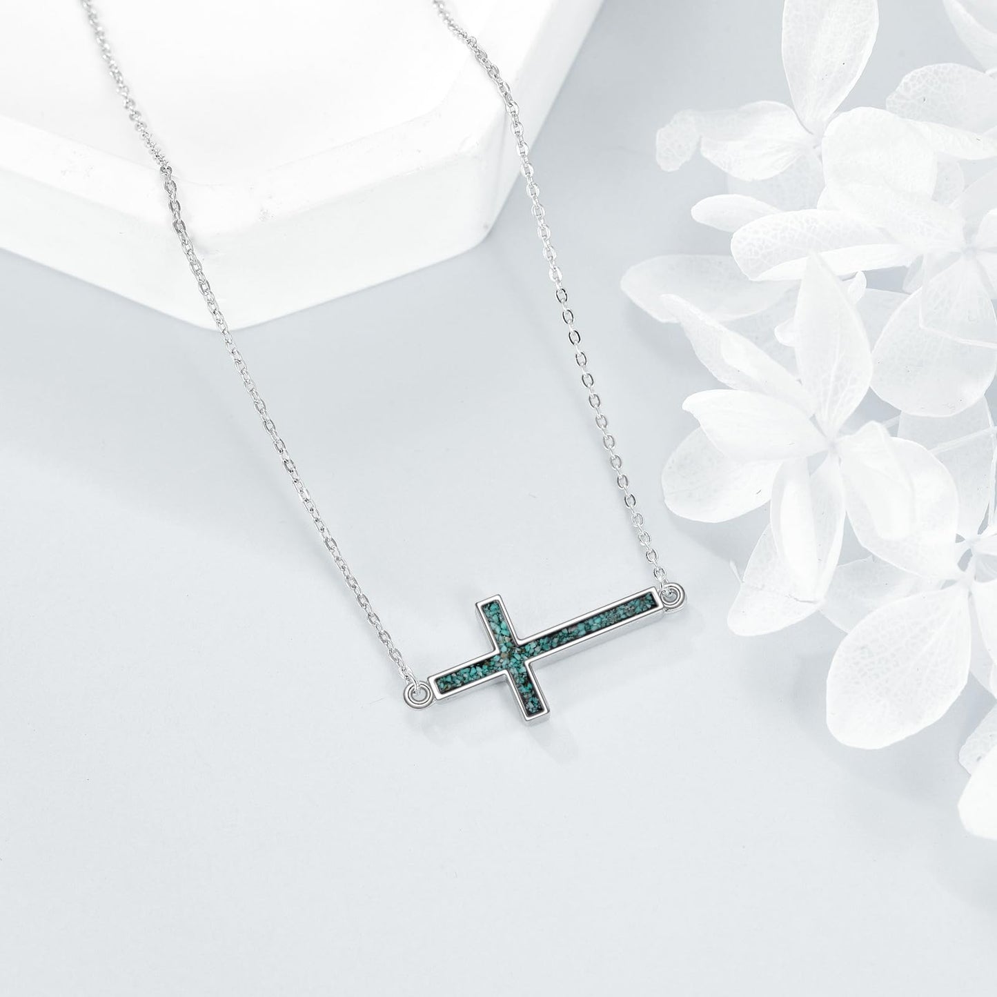 YFN Sideways Cross Necklace Sterling Silver Turquoise Cross Pendant Jewelry Gifts for Women Men