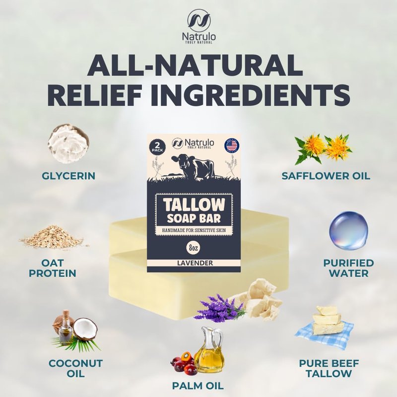 Beef Tallow Soap Bar – All Natural Grass Fed Tallow Soap Lavender – Moisturizing Face & Body Wash Great for Eczema, Dry, Itchy, Sensitive Skin – Handcrafted Bath Soap for Adults, Kids, Made in USA