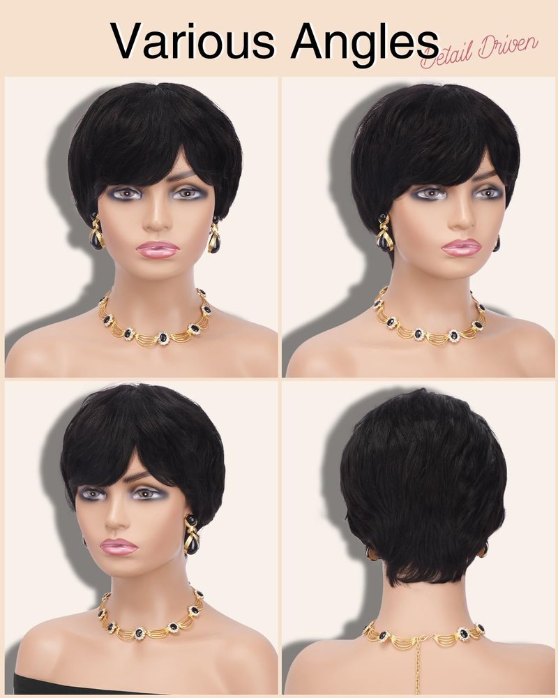 Pixie Cut Wig - Human Hair Short Wig with Bangs for Black Women | Natural Black Glueless Layered Style