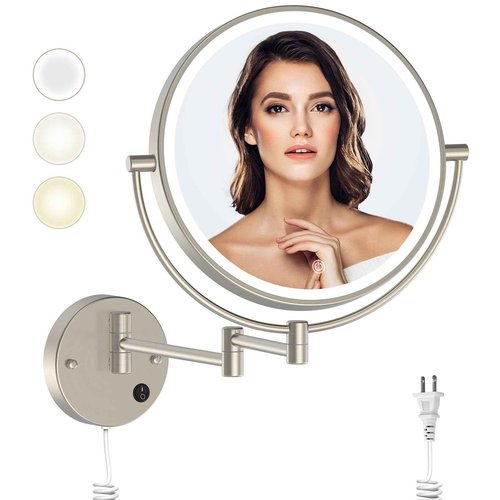 Rocollos 9" Plug-in Wall Mounted Lighted Makeup Mirror 1X/10X Magnification, Super Large Double Sided LED Vanity Mirror for Bathroom, 3 Color Dimmable 360°Swivel Extendable Shaving Cosmetic Mirror