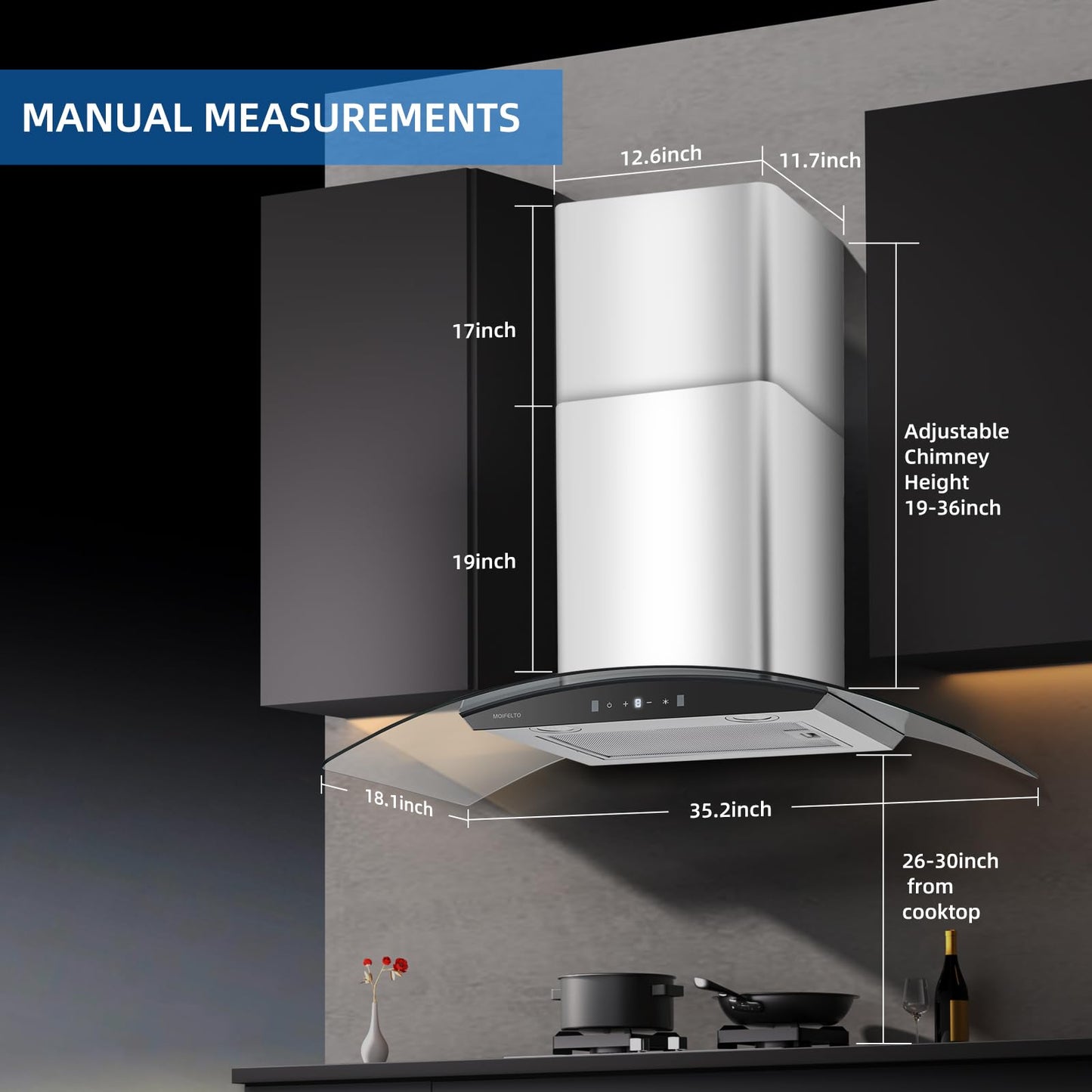 Wall Mount Range Hood 36 Inch 700 CFM Tempered Glass with Ducted Vent Hood, 3-Speed Exhaust Fan, Stainless Steel Filters, Gesture Sensing & Touch Control Switch Black Panel and 2 LED Lights
