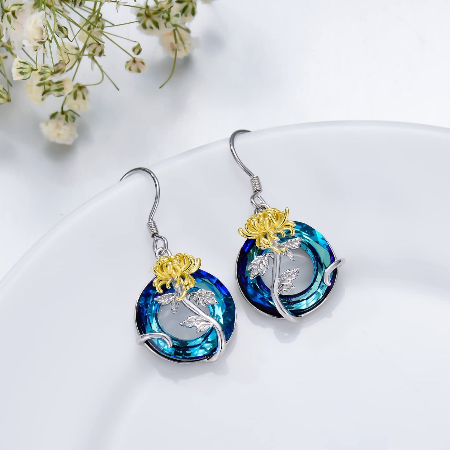 TOUPOP November Birth Flower Earrings Chrysanthemum Drop Dangle Earrings Blue Crystal Jewelry Birthday Mothers Day Gifts for Women Mom Her
