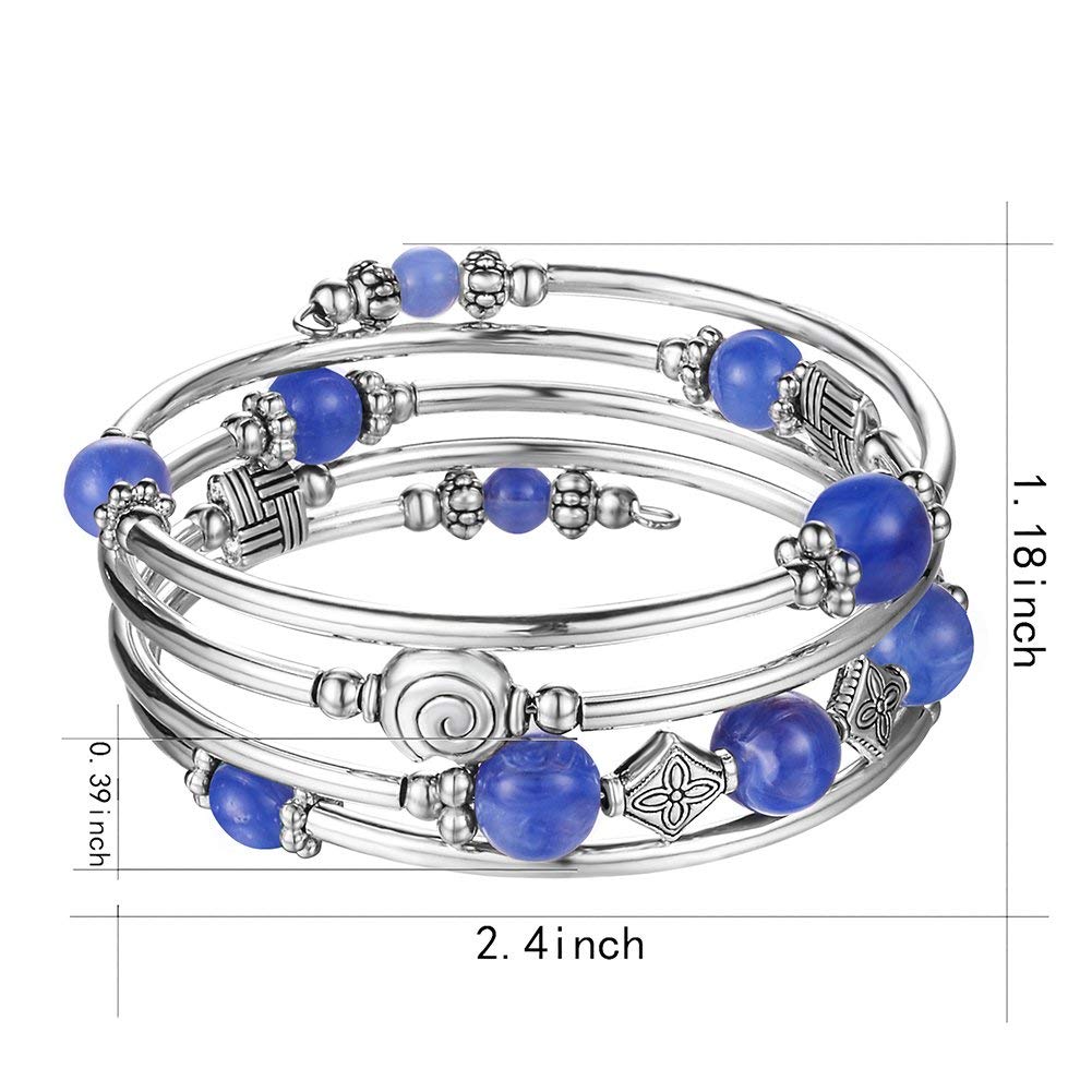 Beaded Pearl Bangle Wrap Bracelet - Fashion Bohemian Jewelry Multilayer Charm Bracelet with Thick Silver Metal Beads, Gift For Women(Blue)