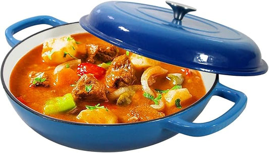 Enameled Cast Iron Dutch Oven Braiser, 3.8 Quart Enamel Skillet Pot with Lid - Heavy Duty and Dual Handles, Oven Safe Frying Pan for Family or Friends Gifts, Blue
