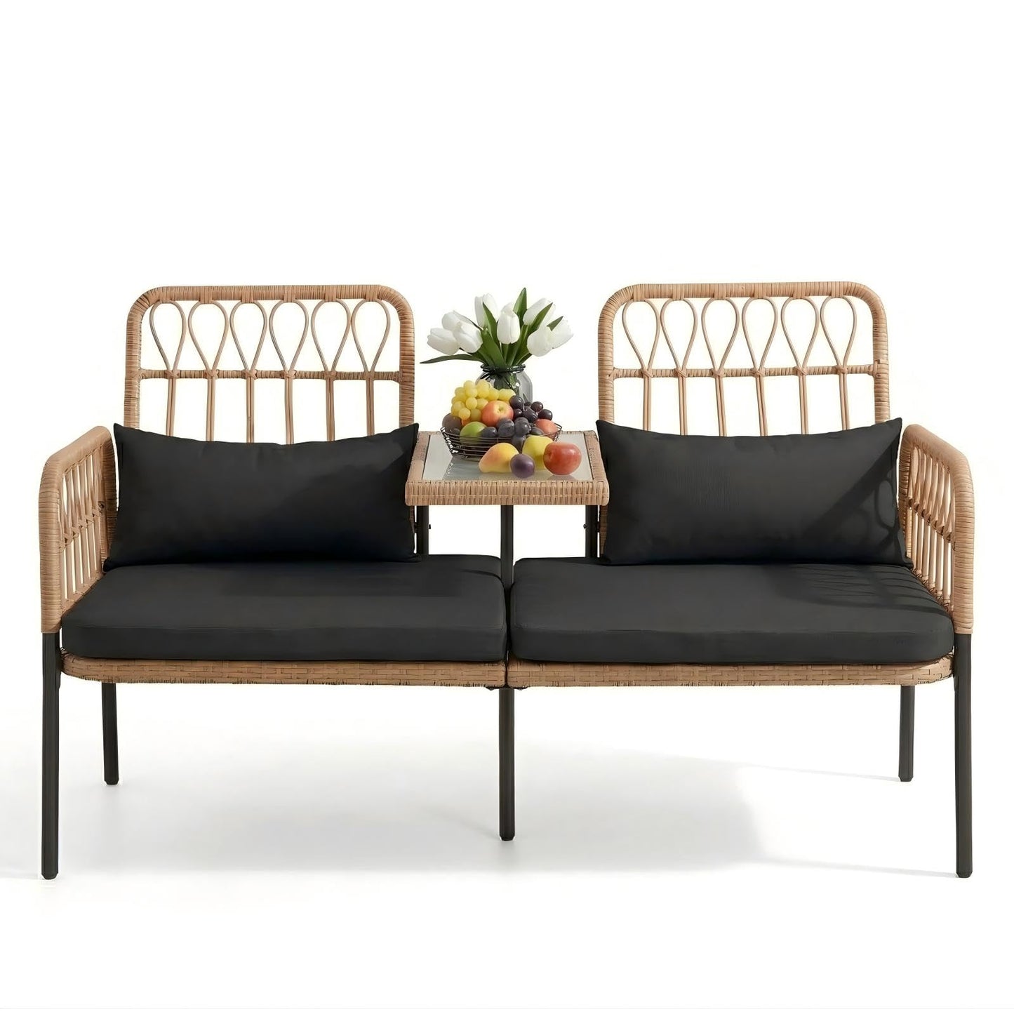 PROHIKER Outdoor Rattan Loveseat with Built-in Glass Table, 2-Seat Wicker Patio Furniture Set with Lumbar Pillows & Thick Cushions, All-Weather Conversation Sofa for Balcony, Porch & Backyard