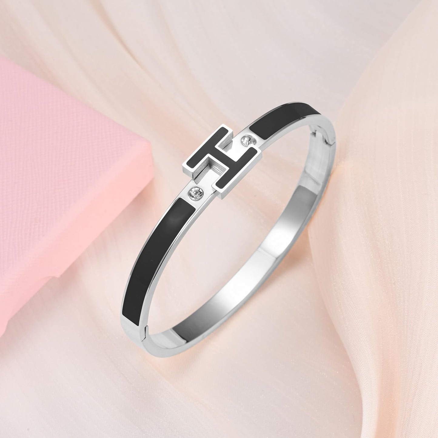 Hothink Gold Bracelets for Women, H Bangle Bracelet, Dainty 18K Gold Plated Stainless Steel Enamel Bracelet for Everyday, Work, Party, Stackable Gift for Mom, Wife, Girlfriend (Silver-Black)