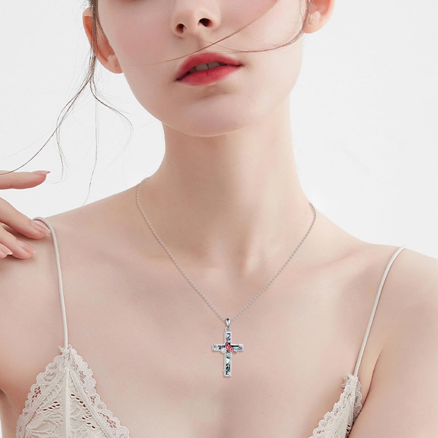 YFN Sunflower Cross Necklace Sterling Silver Red Cardinal Cross Pendant Abalone Shell Jewelry Religious Christian Baptism Gifts for Her Women