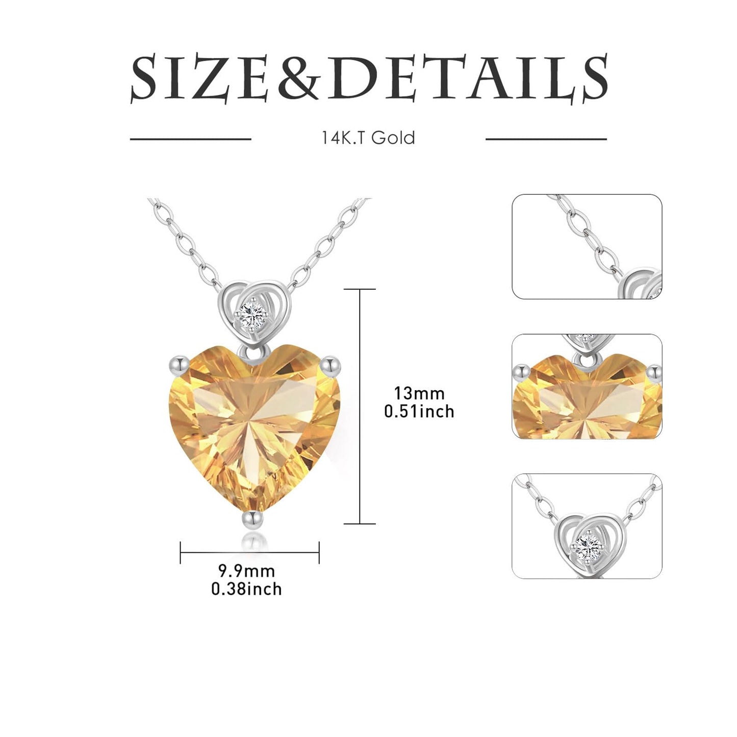 NFYBD 14k White Gold Love Heart Citrine Birthstone Pendant Necklace for Women 3 Carat Heart-cut Created Gemstone Anniversary Birthday Mother's Day Necklaces for Her-nov