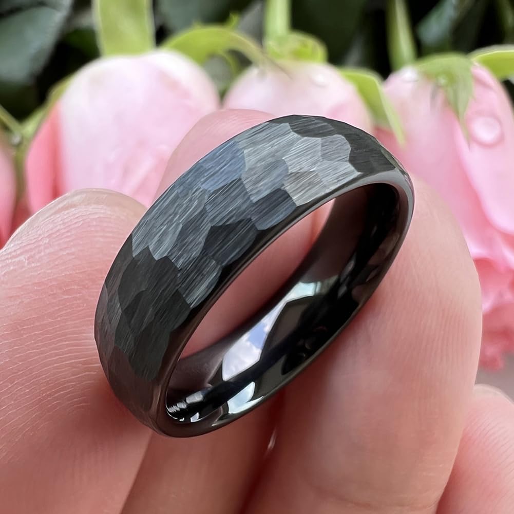 TUTISS 6mm Black Hammered Tungsten Carbide Rings for Men Women Engagement Wedding Bands Domed I Love You Engraved Comfort Fit Size 9
