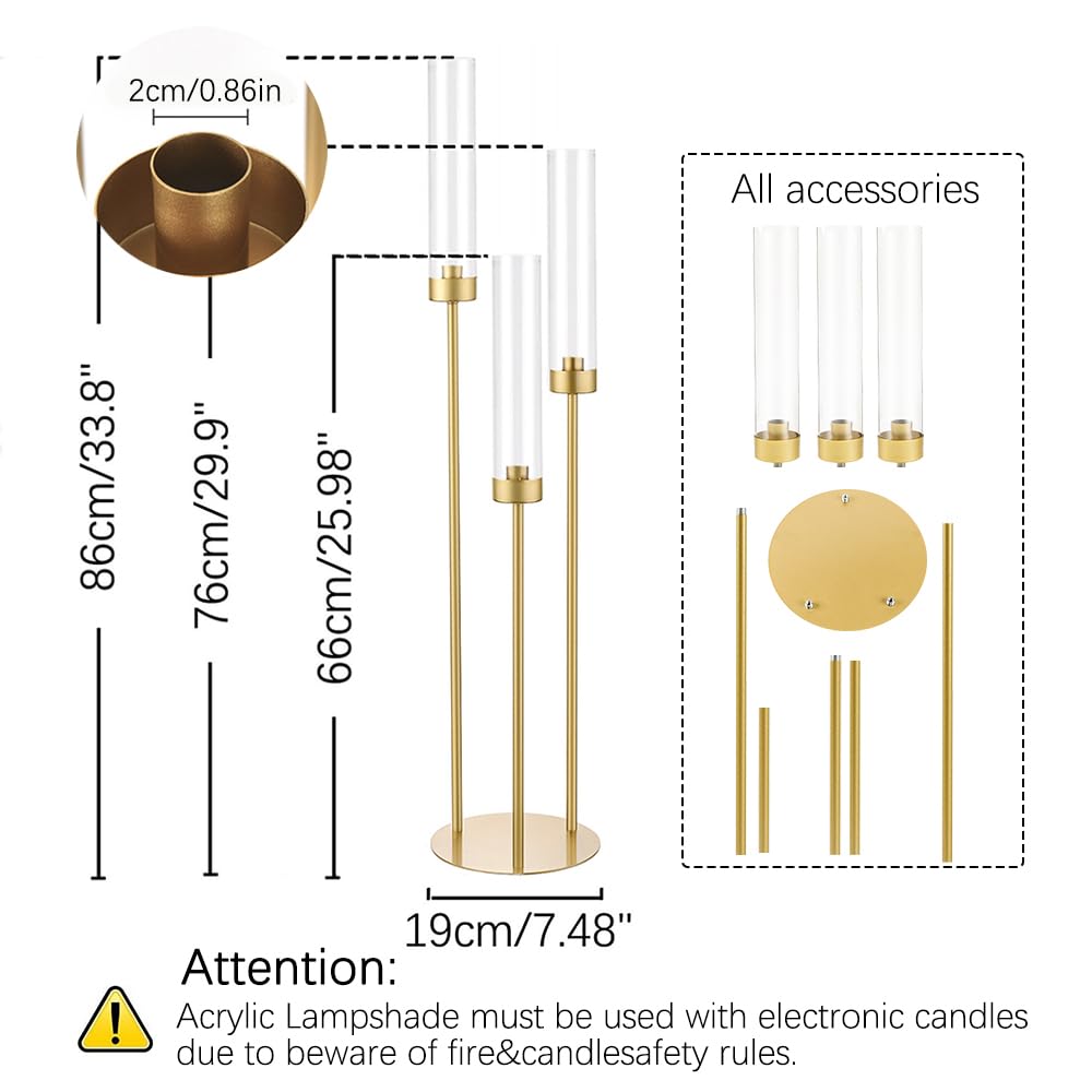 Vincidern 4pcs Gold Candelabra 3 Arm Taper Candle Holders with Acrylic Lampshade, 33.8'' Tall Candelabra Centerpiece for Table, Wedding, Party, Events Decorations, Candlestick Holders Fit LED Candles