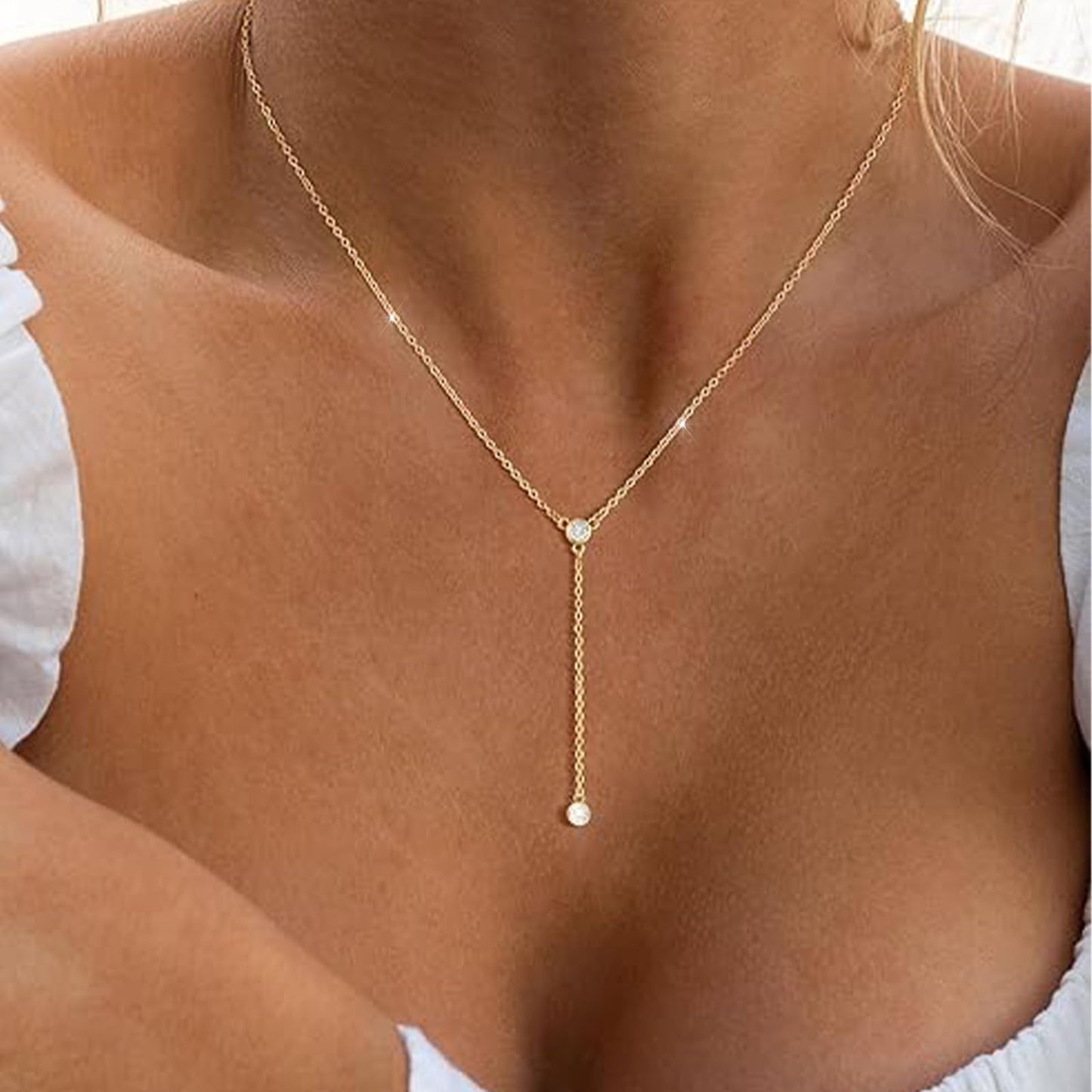 Luxval Lariat Gold Necklace for Women Trendy Dainty Long Y Necklaces CZ Pendant Choker Necklace Simple Trendy Gold Jewelry Gift for Women