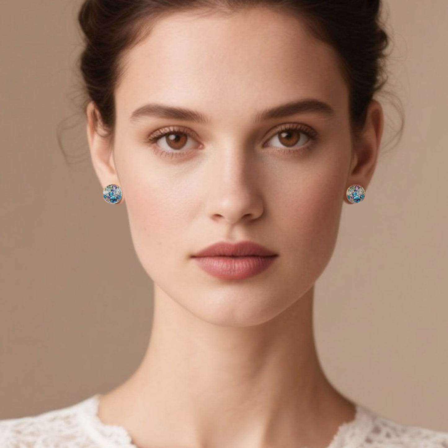 Multicolored Austrian Crystal Rhinestone Stud Earrings for Women Fashion S925 Sterling Silver Hypoallergenic Jewelry (Blue Green Crystals/Rose Gold-tone)