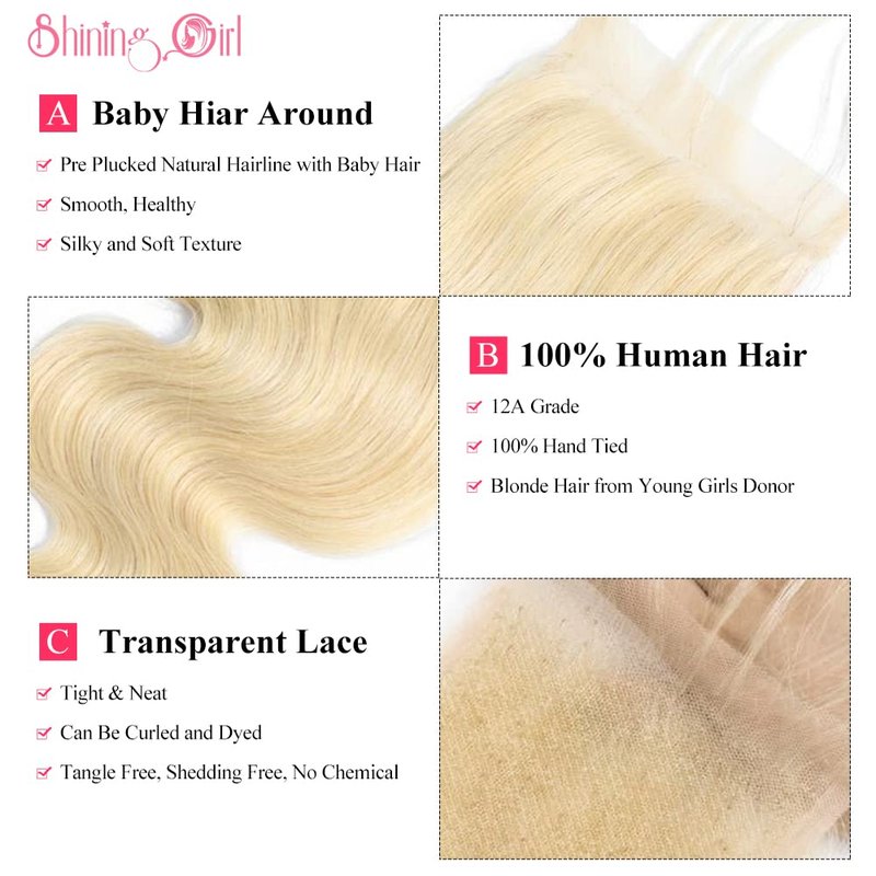 613 Blonde Lace Closure Body Wave 4x4 Invisible Transparent HD Lace Closure Only 12A Virgin Remy Human Hair Closure 100% Russian Blonde Human Hair Extensions Pre Plucked with Baby Hair 16 Inch