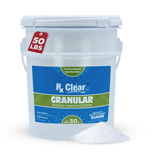 Rx Clear 50 lbs Granular Pool Chlorine | Use As Bactericide, Algaecide, & Disinfectant in Swimming Pools, Hot Tubs, & Spas | Stabilized, Fast Dissolving & UV Protected
