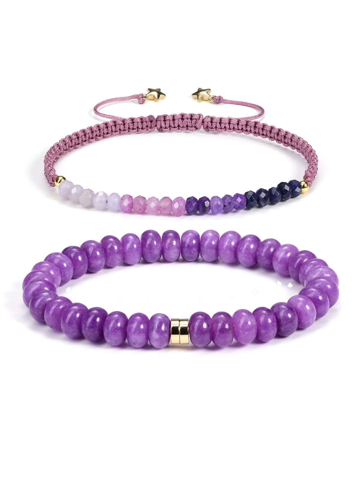 CrystalTears Purple Jade Beaded Bracelets for Women, 2pcs Stackable Boho Crystal Gemstone Bracelets Set with Stretch Bracelet and Adjustable Braided Bracelet Summer Beach Jewelry Gifts for Women Her