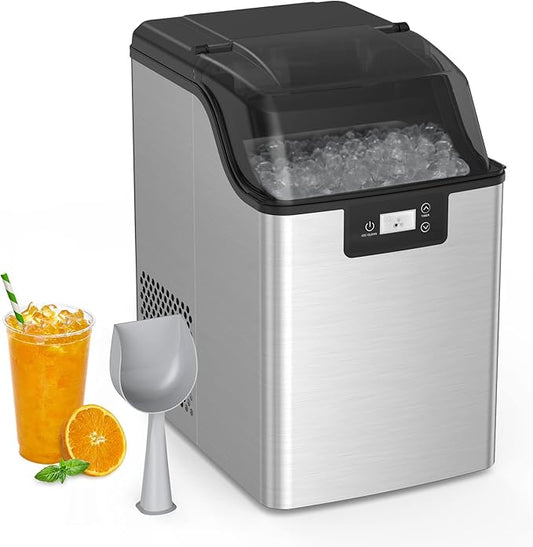 Nugget Ice Maker, Ice-Making of 44lbs/24h, Crushed Ice Maker Machine with Self-Cleaning, Low Noise Countertop Ice Maker, Stainless Steel, Portable Ice Maker for Bar/Home/Office