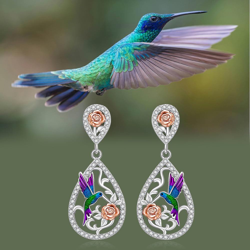 Hummingbird Earrings for Women 925 Sterling Silver Rose Dangle Drops for Women Cubic Zirconia Bird and Rose Design Dangle Drop Earrings Gifts for Lovers