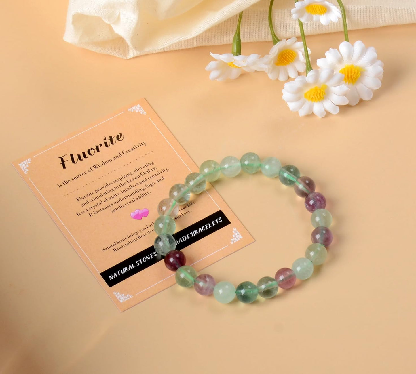 AD Beads Handmade Gemstone Stretch Elastic Bracelet Crystal Healing Reiki Nature's Beauty and Spiritual Essence Unisex (4mm, Fluorite)