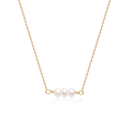 14K Gold Plated 3 Tiny Pearl Necklace for Women, Dainty Minimalist Pearl Choker, 14"+2" Adjustable Extension Chain, Delicate Layering Jewelry for Daily Wear & Gift